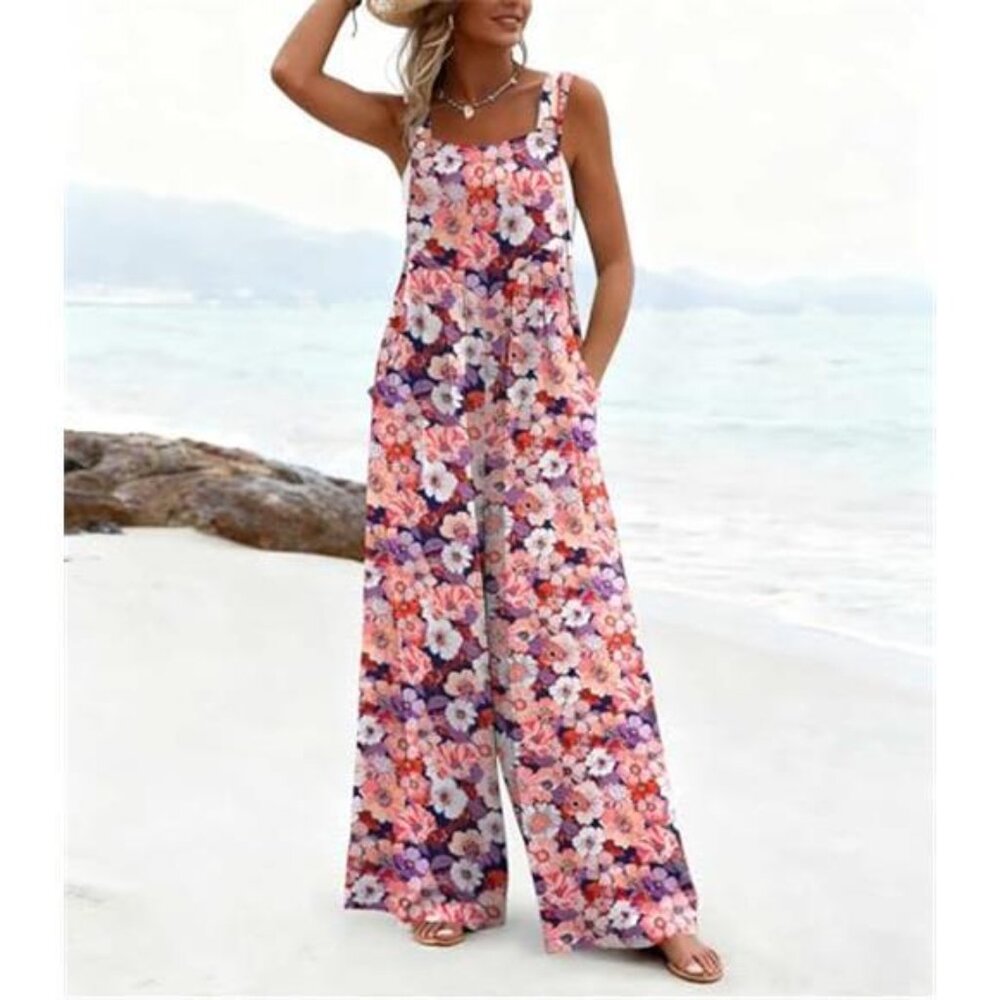 Women's Casual Overalls Loose Wide Leg Jumpsuit Summer Boho Baggy Romper - Picture 2 of 5